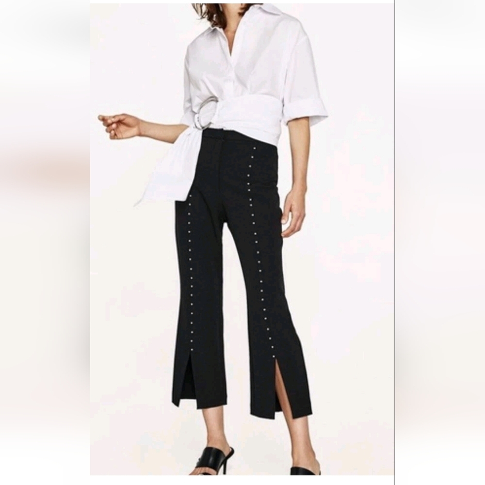 Zara Black Cropped Pants with Pearl Accents Size M, New With Tags!